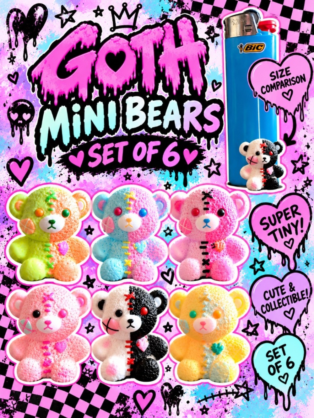 Goth Kawaii Mini Teddy Bears Set of 6 Tiny Patchwork Bears